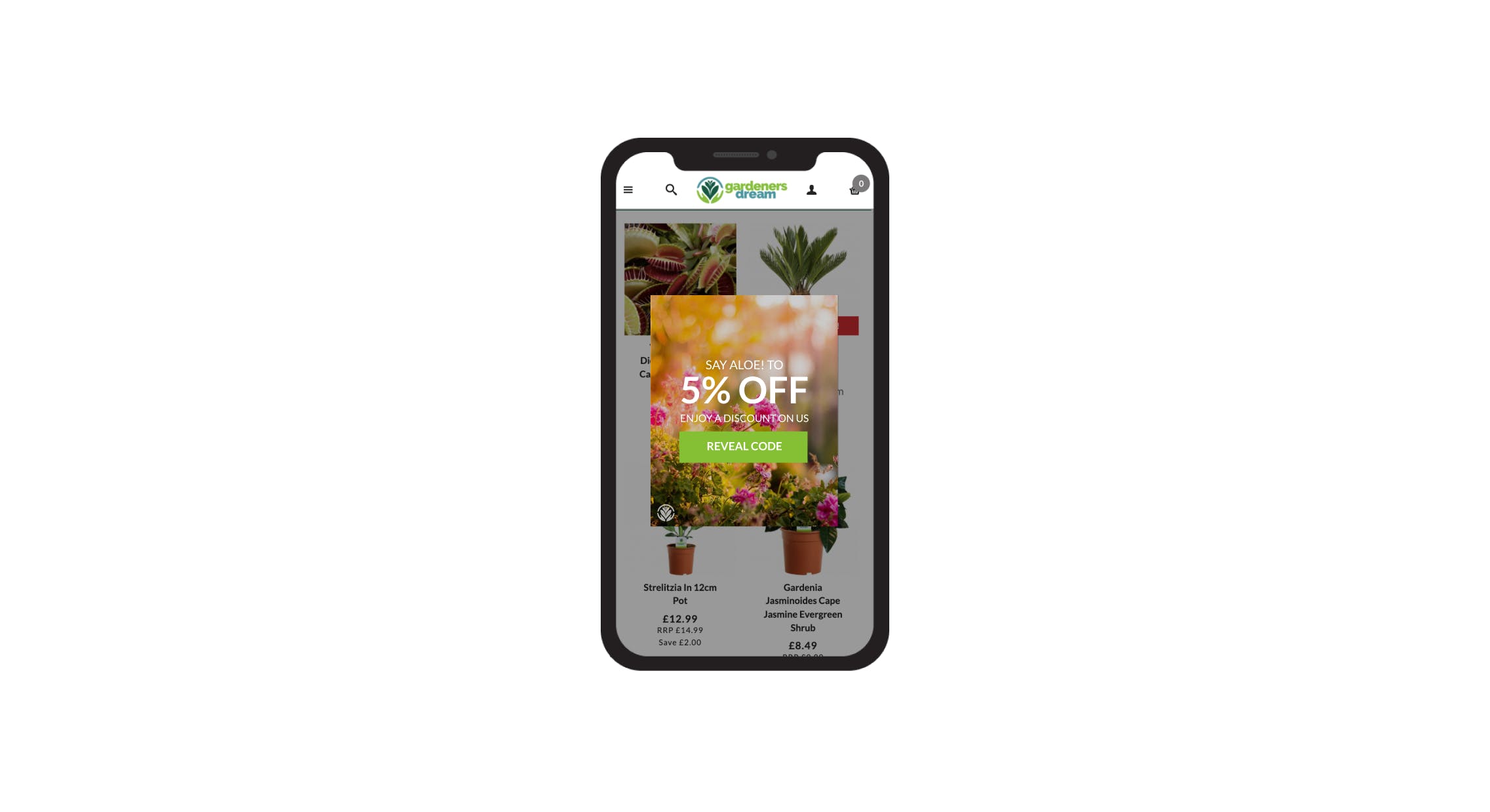 Phone with 5% off discount banner