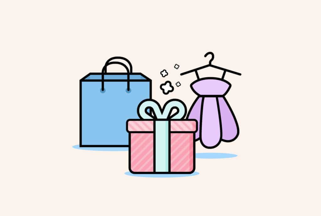 shopping bag, present box, and dress