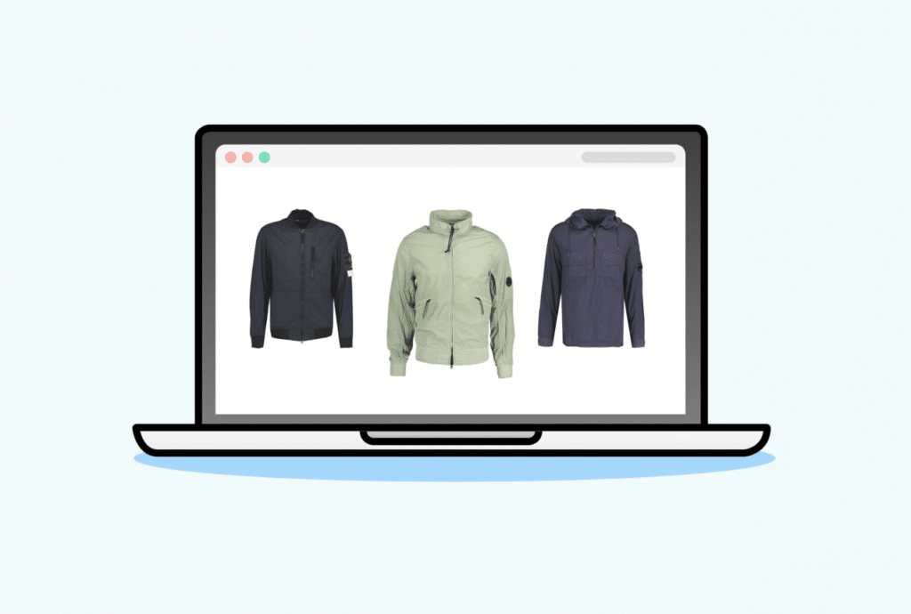 3 jacket options on a site,, laptop screen