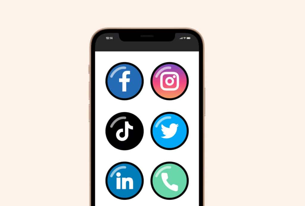 A smartphone with the facebook, instagram, tik tok, Twitter, LinkedIn and phone logo