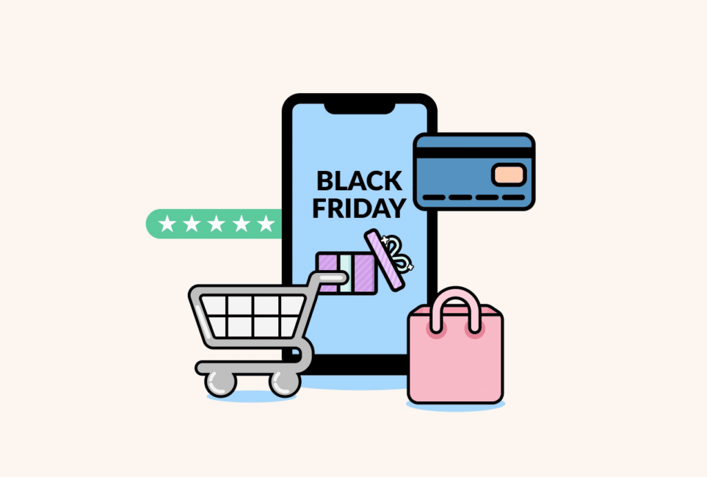 Black friday on a smartphone, shopping cart, credit card and a shopping bag