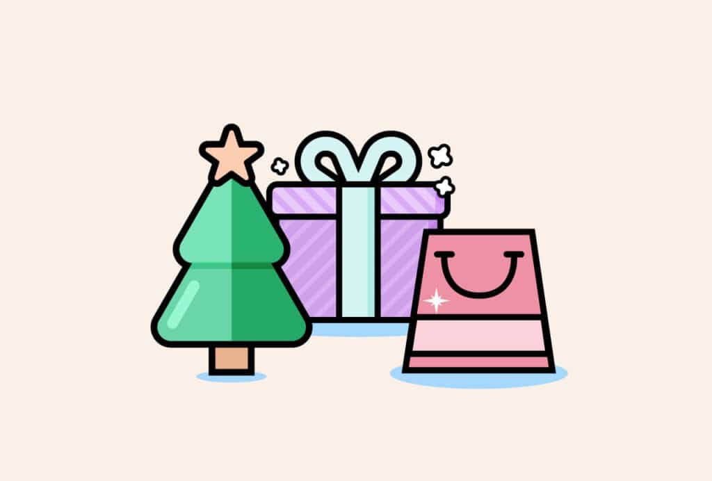 Christmas tree, present box and an shopping bag