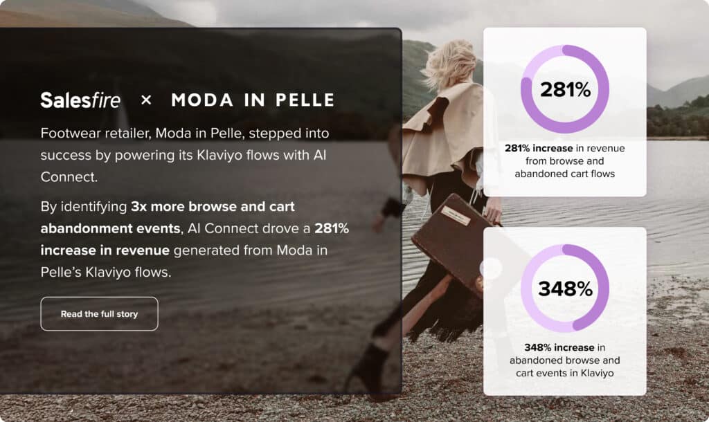 Salesfire & Moda in Pelle

AI Connect drove a 281% increase in revenue from Moda in Pelle's Klaviyo flows and a 348% in abandoned browse and cart events in Klaviyo.