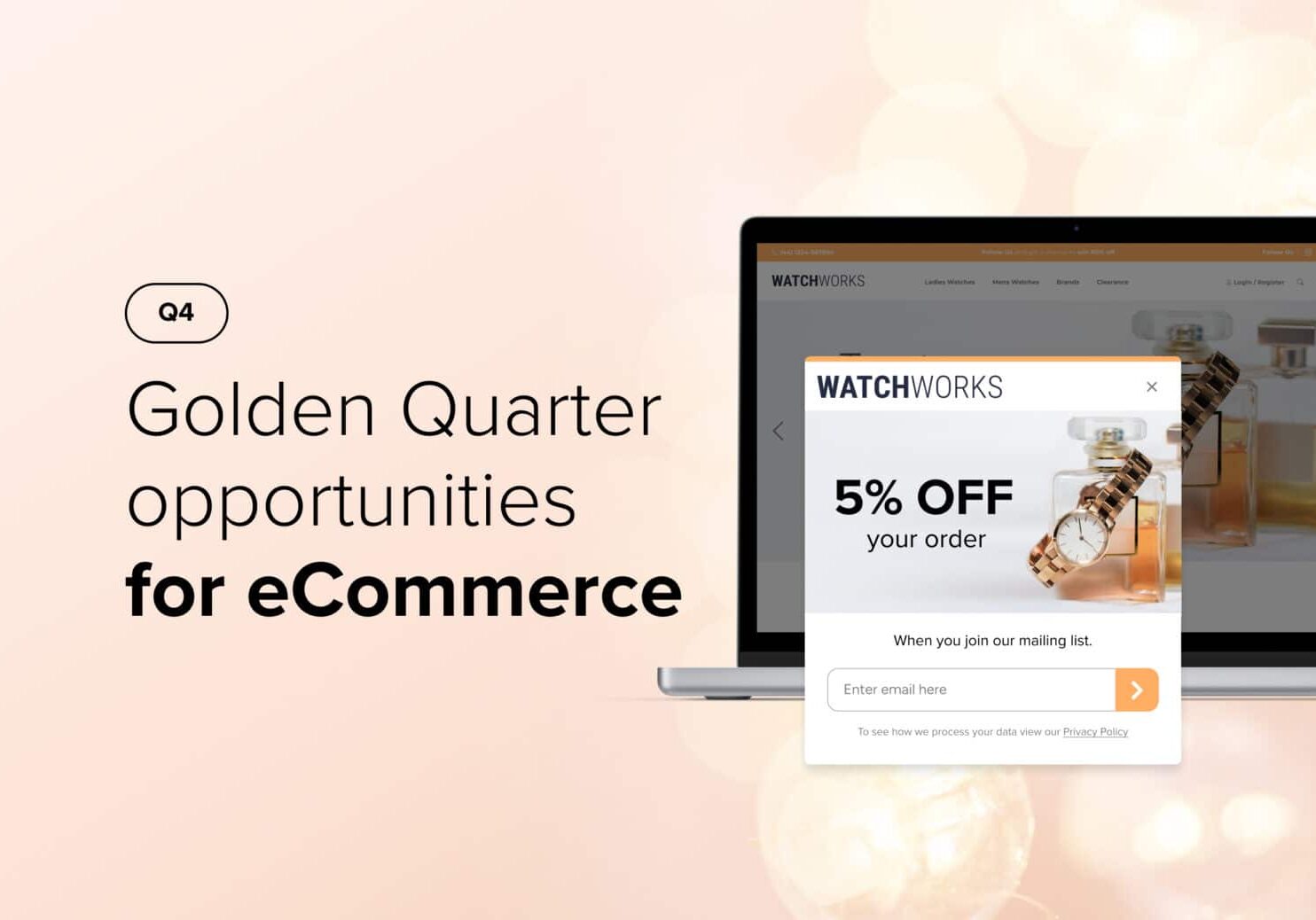 Laptop displaying a watch website with a mailing list sign up promotion for Q4